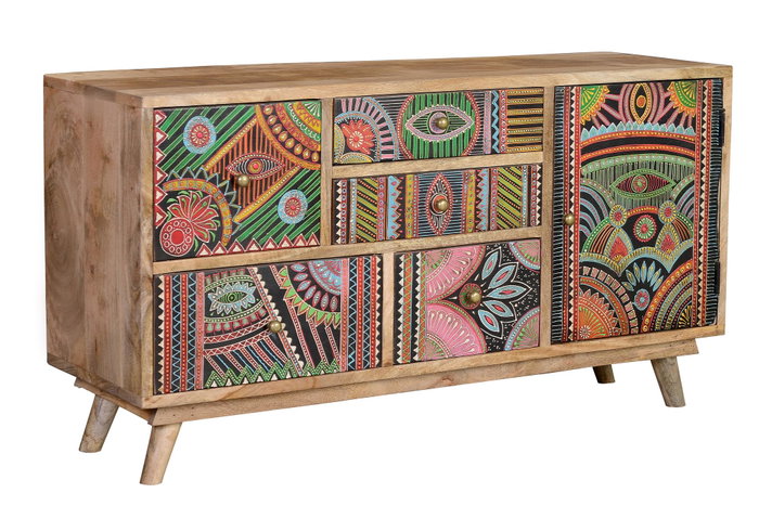 GINER Y COLOMER Cómoda de madera de mango color natural y multicolor